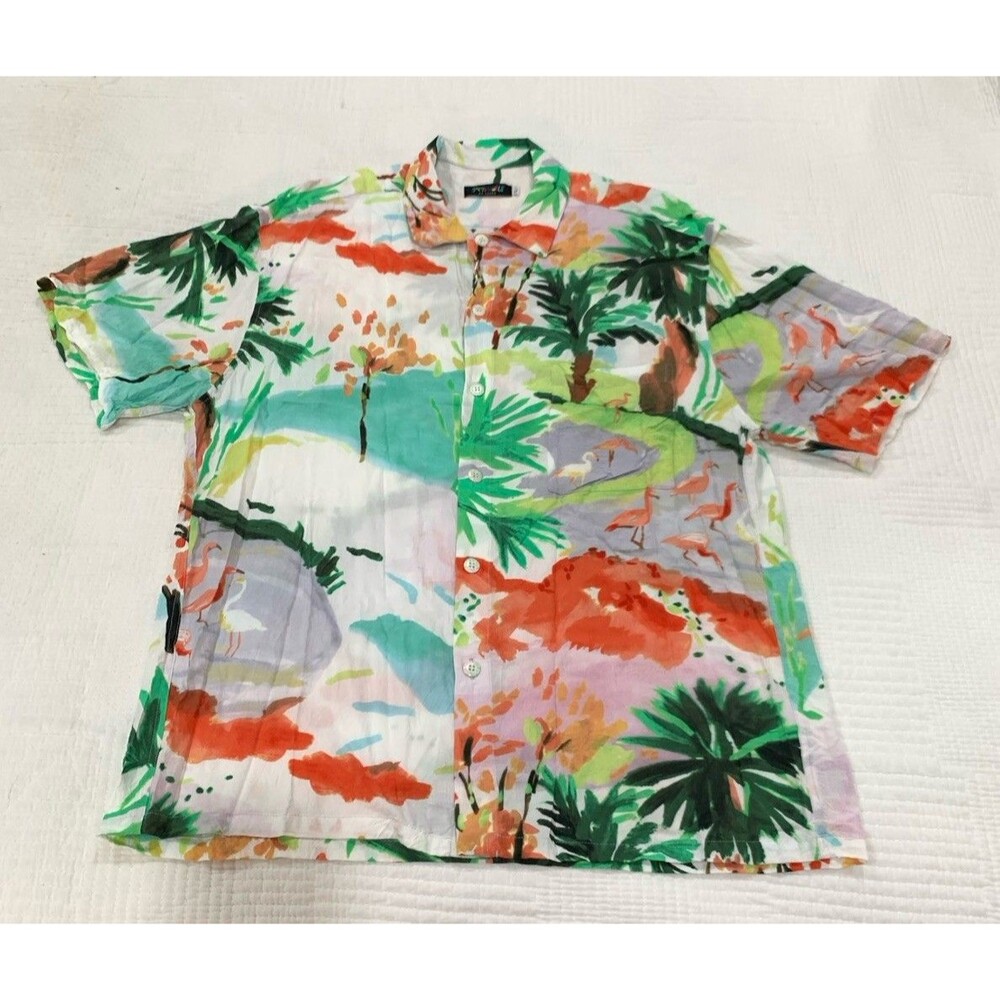 Jams World Hawaiian Aloha Shirt Flamingo Beach 60 Years Collection Rayon Large